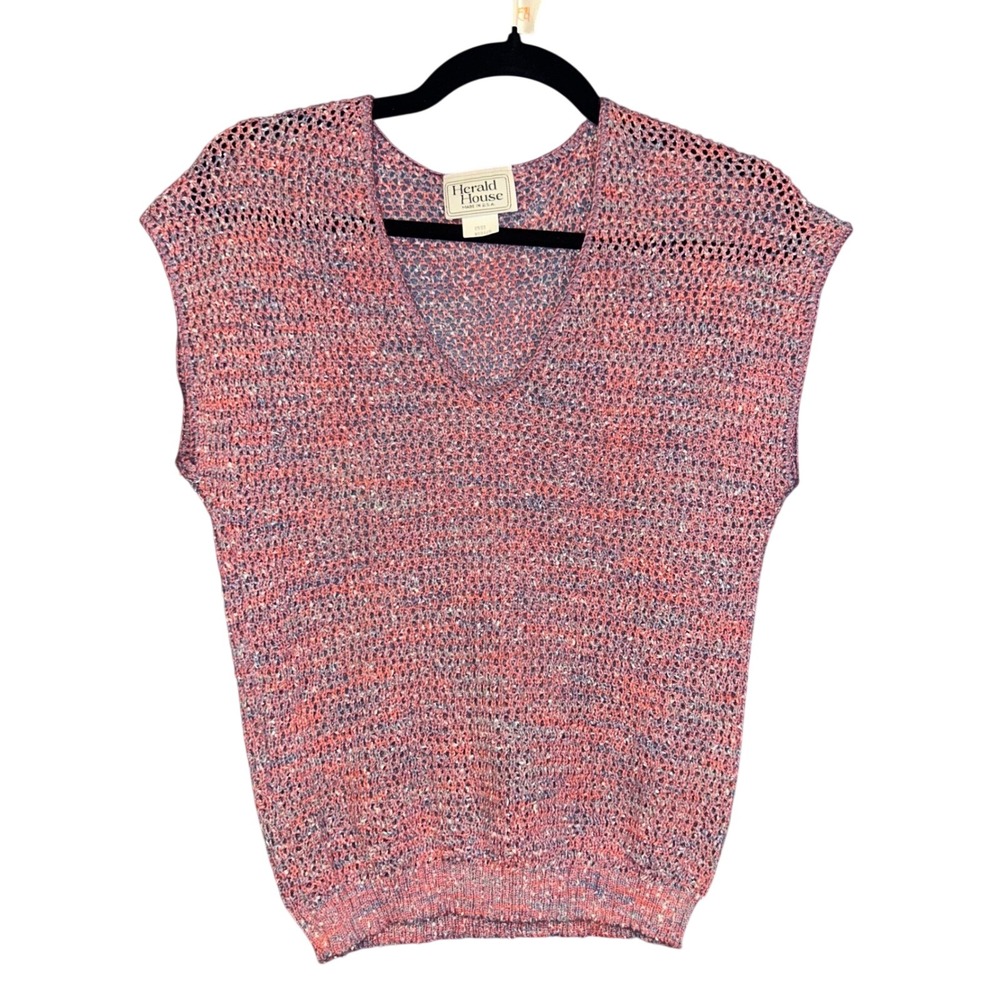 Vtg Herald House Knit Vest Crochet Boho Grannycore Womens Medium Pink Blue
